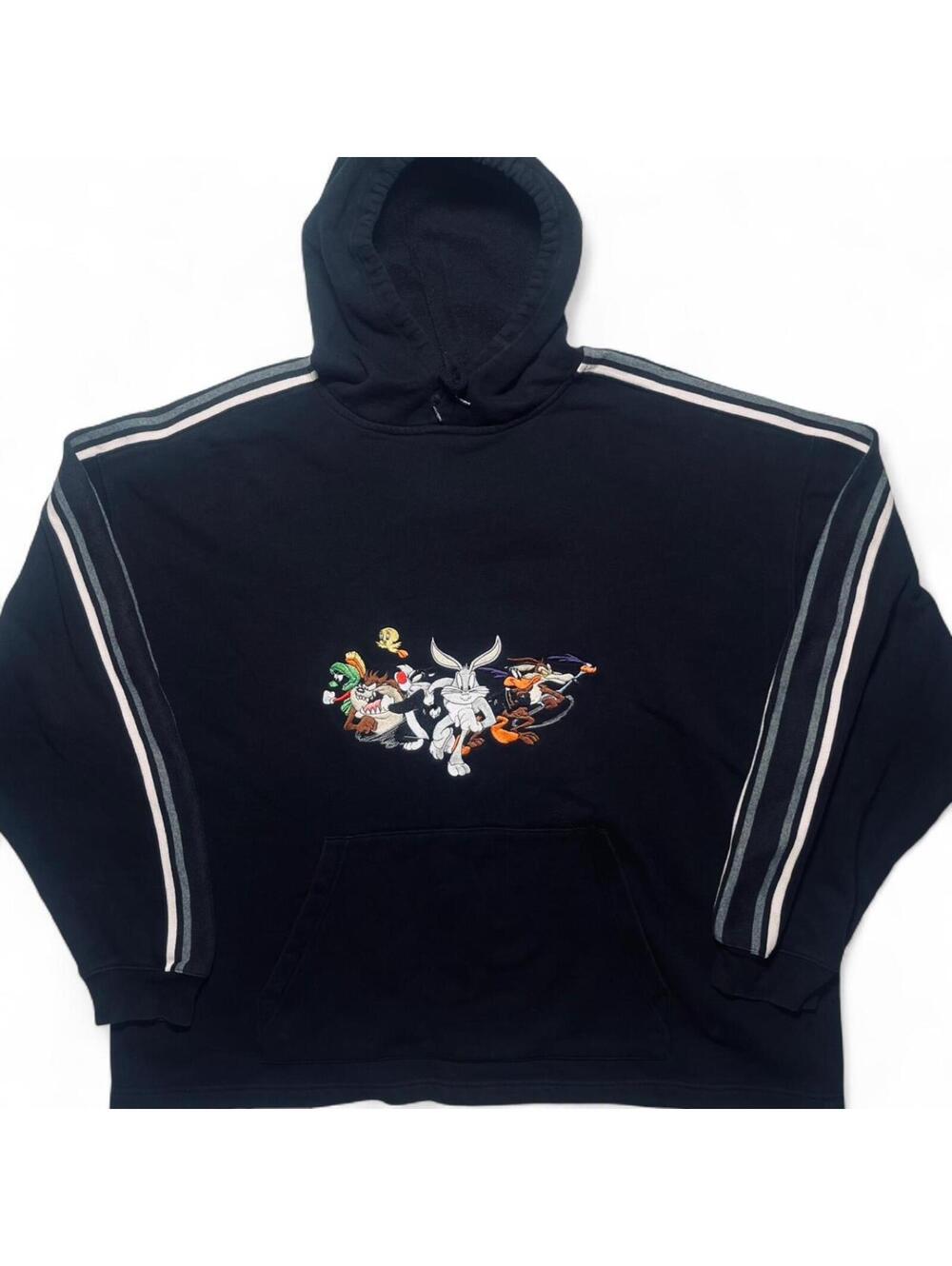 Vintage 1999 Looney Tunes Graphic Hoodie Black Striped Sleeve Cartoon Sweat XXL